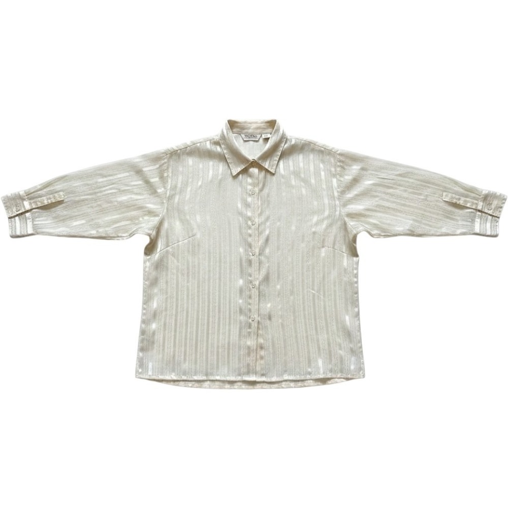 Selene Sport Vintage White Striped Button Up Blouse Sheer Textured Top Medium